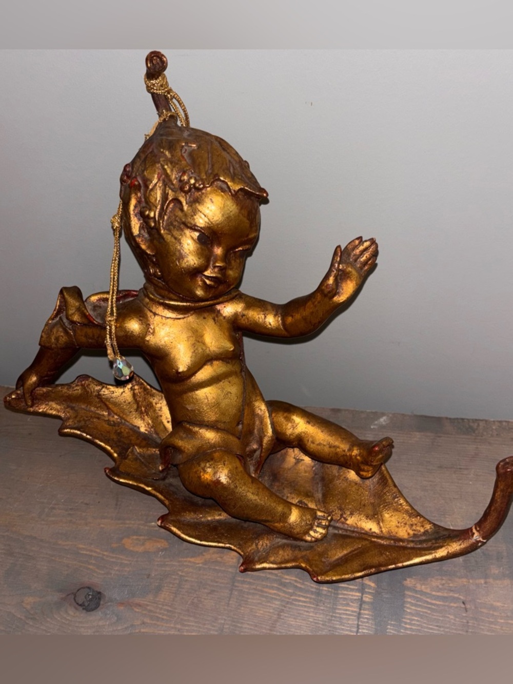 MCM 1950’s-60’s Gold leaf finish Pixie elf Sprite With crystal prism